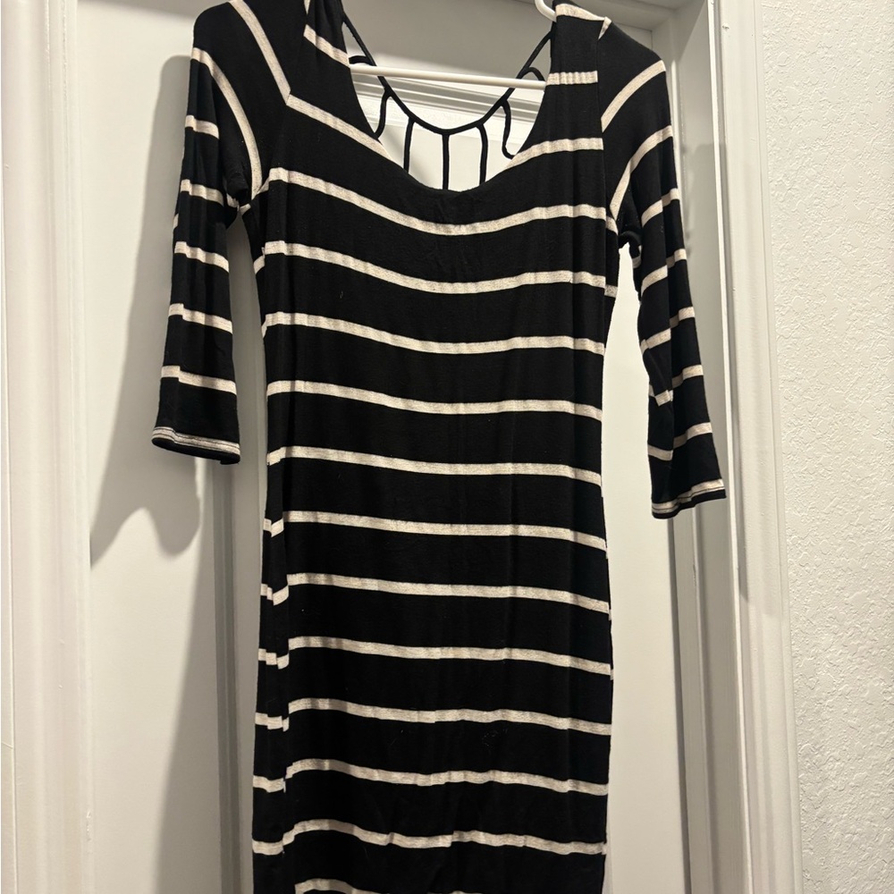 Soprano Black and Cream Striped Long Sleeve Dress